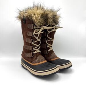 Sorel Joan of Arctic Brown Waterproof Fur Trim Lace Up Snow Boots 6.5
